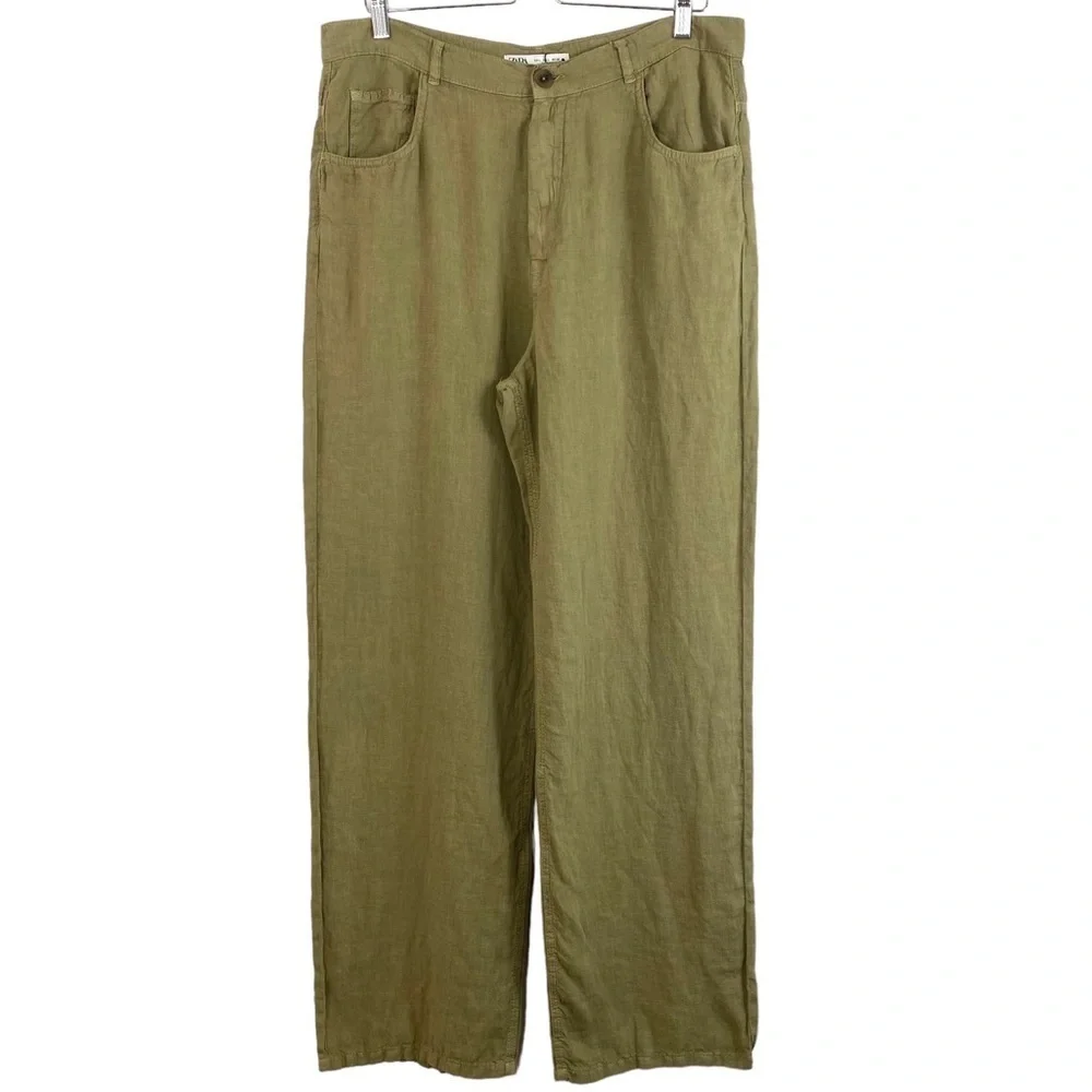ZARA 100% Linen High Rise Wide Leg Pants in Khaki Size L New with Tags